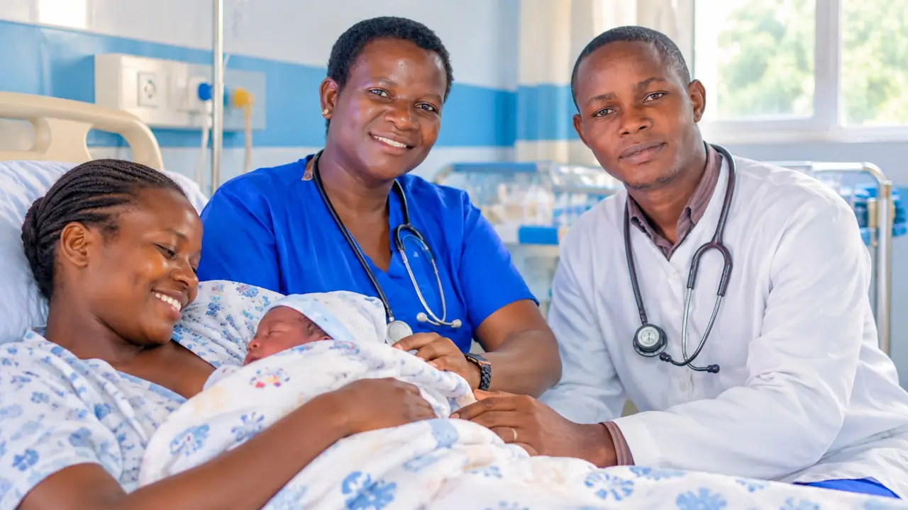 A midwife and a clinician with a mother holding her newborn on the maternity ward